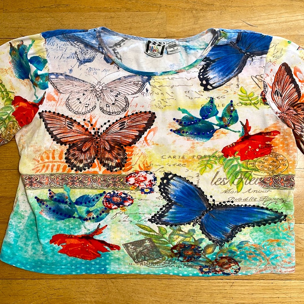 Take Two Cotton Sequin Butterfly Top Tee T Shirt 1X